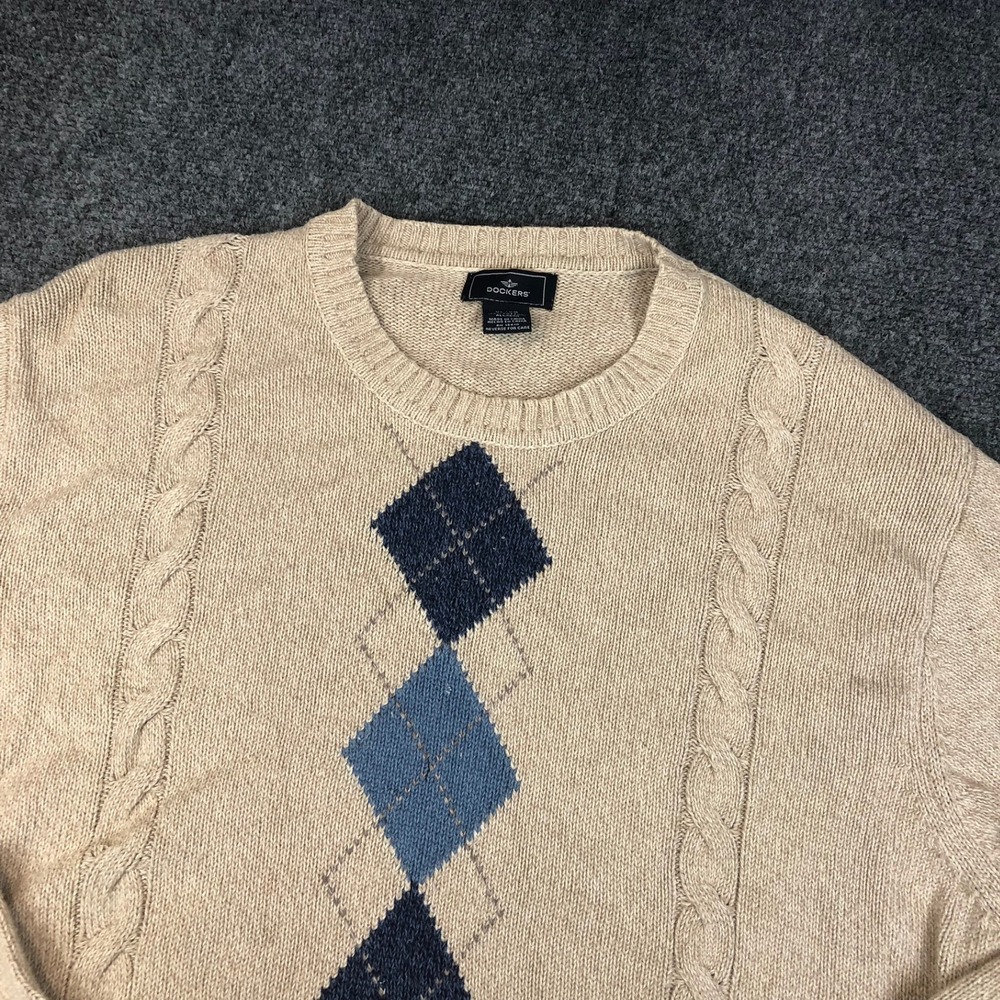Dockers Mens Size XL Tan Argyle Cable Knit Crewneck Cotton Sweater Blue Diamonds